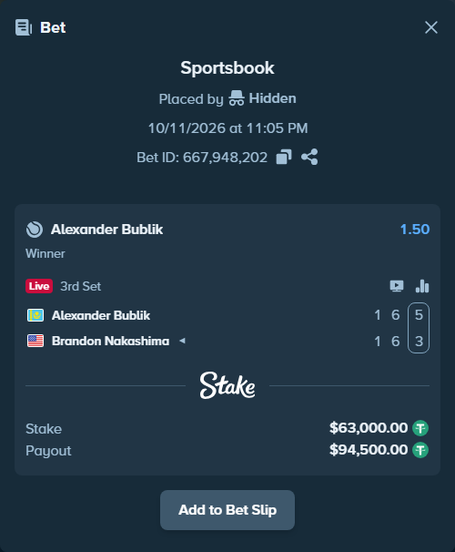 Bet slip: Alexander Bublik - Brandon Nakashima, $63,063.00 stake at 1.50 odds, placed by jacqku1