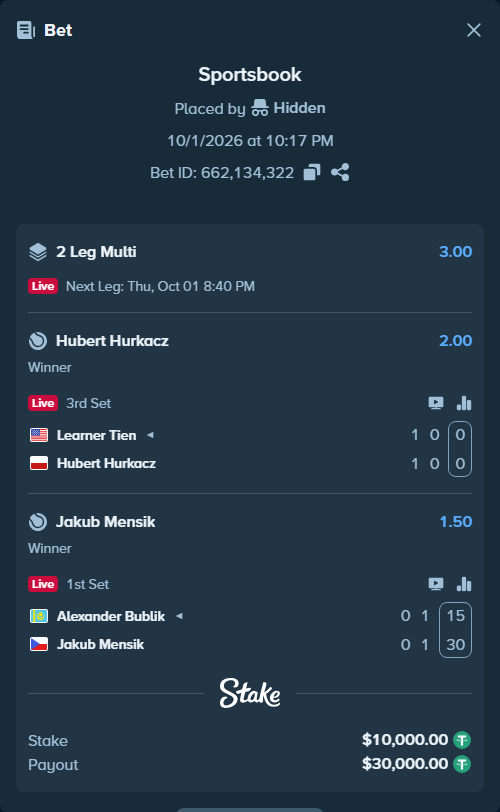 Bet slip: Alexander Bublik - Jakub Mensik, $10,000.00 stake at 1.50 odds, placed by Hidden