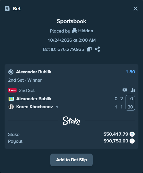 Bet slip: Alexander Bublik - Karen Khachanov, $50,491.75 stake at 1.80 odds, placed by Prettylfacko98