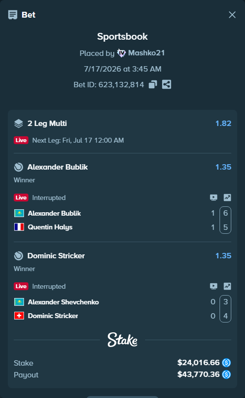 Bet slip: Alexander Bublik - Quentin Halys, $24,016.66 stake at 1.35 odds, placed by Mashko21