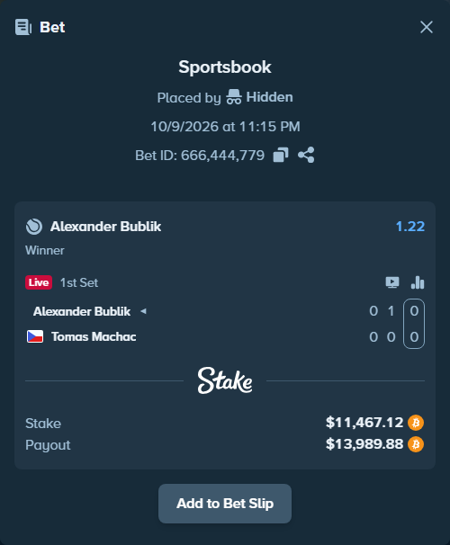 Bet slip: Alexander Bublik - Tomas Machac, $11,359.78 stake at 1.22 odds, placed by Michel2601