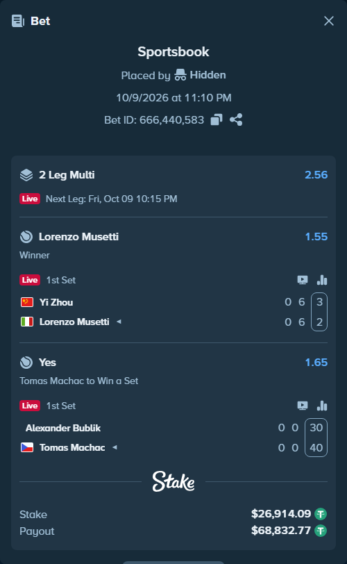 Bet slip: Alexander Bublik - Tomas Machac, $26,941.00 stake at 1.65 odds, placed by Hidden