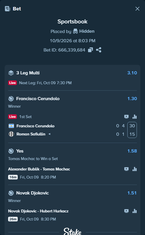 Bet slip: Alexander Bublik - Tomas Machac, $34,413.00 stake at 1.58 odds, placed by Hidden