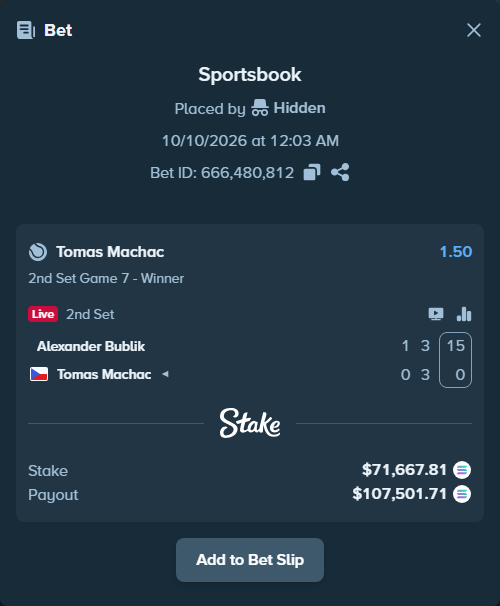 Bet slip: Alexander Bublik - Tomas Machac, $71,719.75 stake at 1.50 odds, placed by Prettylfacko98