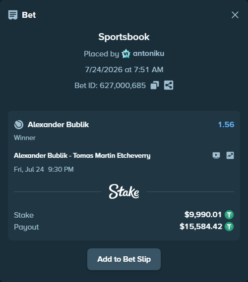 Bet slip: Alexander Bublik - Tomas Martin Etcheverry, $10,000.00 stake at 1.56 odds, placed by antoniku