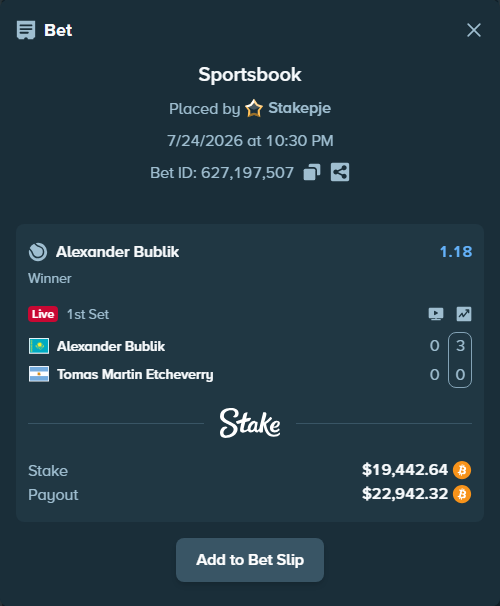 Bet slip: Alexander Bublik - Tomas Martin Etcheverry, $19,297.20 stake at 1.18 odds, placed by Stakepje