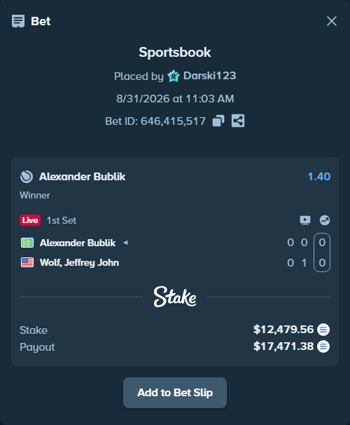 Bet slip: Alexander Bublik - Wolf, Jeffrey John, $12,685.72 stake at 1.40 odds, placed by Darski123