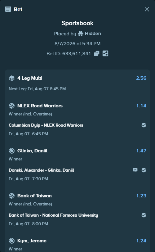 Bet slip: Alexander Donski - Danill Glinka, $195,397.88 stake at 1.47 odds, placed by Hidden