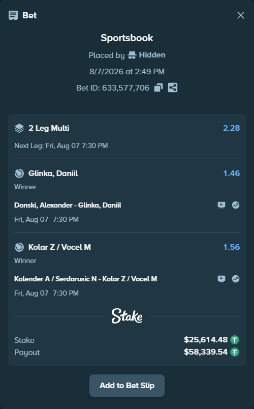 Bet slip: Alexander Donski - Danill Glinka, $25,640.09 stake at 1.46 odds, placed by Hidden