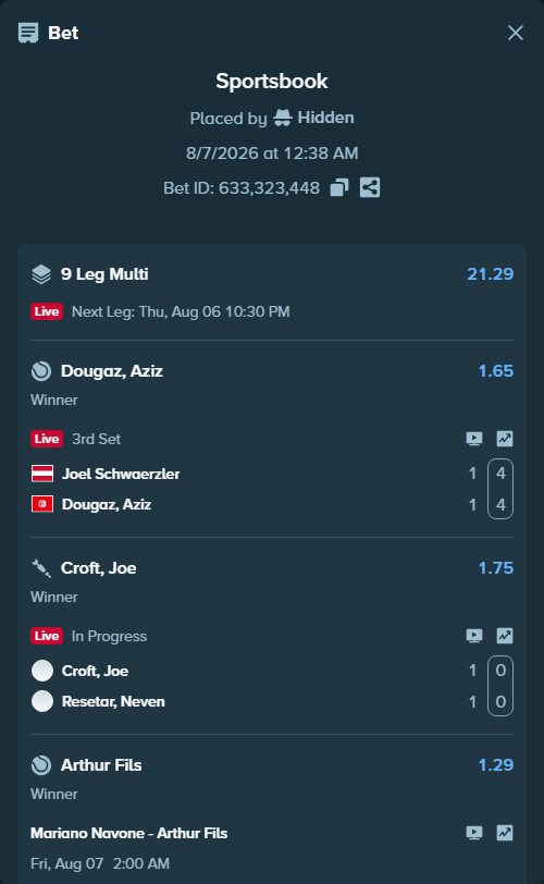Bet slip: Alexander Donski - Danill Glinka, $49,560.94 stake at 1.44 odds, placed by Hidden