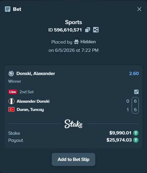Bet slip: Alexander Donski - Duran, Tuncay, $10,000.00 stake at 2.60 odds, placed by Hidden