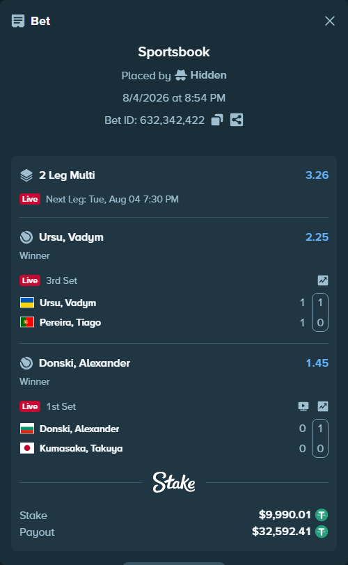 Bet slip: Alexander Donski - Tayuka Kumasaka, $10,000.00 stake at 1.45 odds, placed by Hidden