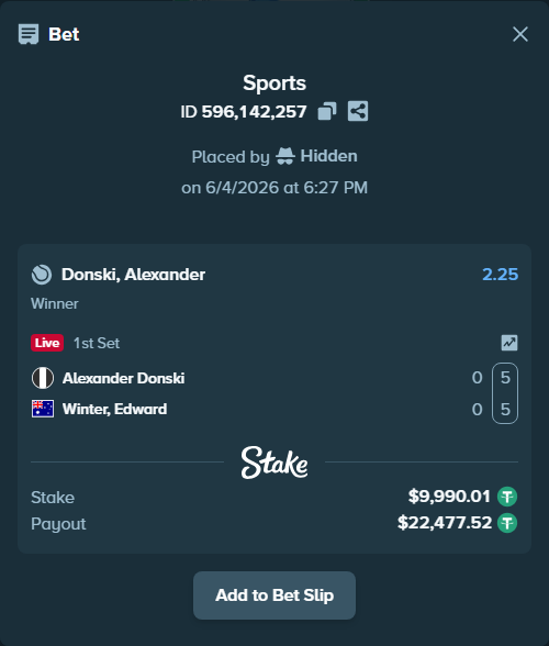 Bet slip: Alexander Donski - Winter, Edward, $10,000.00 stake at 2.25 odds, placed by Hidden