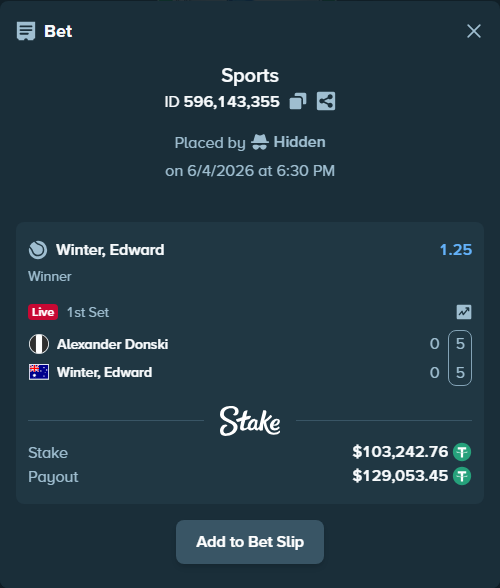 Bet slip: Alexander Donski - Winter, Edward, $103,346.00 stake at 1.25 odds, placed by Hidden