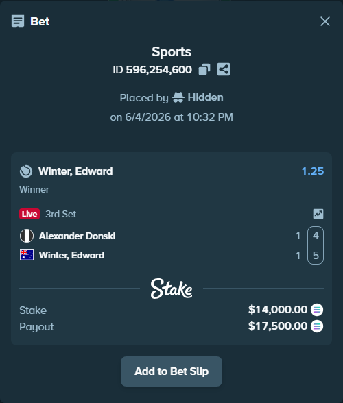 Bet slip: Alexander Donski - Winter, Edward, $14,665.85 stake at 1.25 odds, placed by Hidden