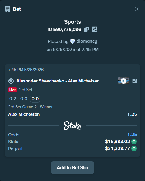 Bet slip: Alexander Shevchenko - Alex Michelsen, $17,000.00 stake at 1.25 odds, placed by diomancy