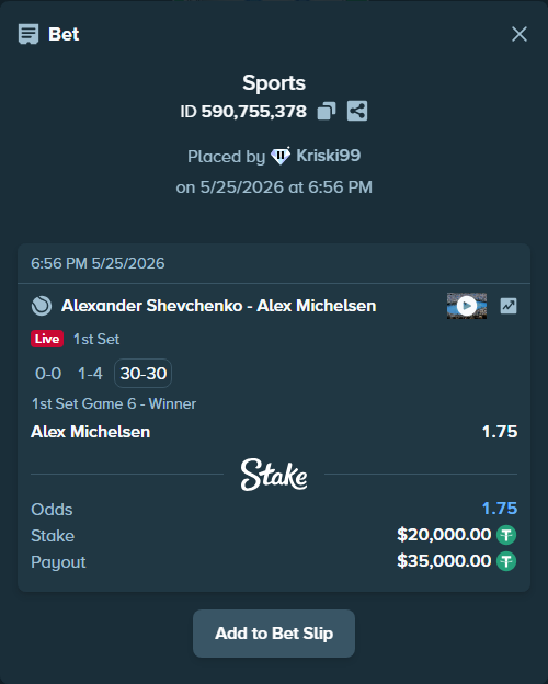 Bet slip: Alexander Shevchenko - Alex Michelsen, $20,000.00 stake at 1.75 odds, placed by Kriski99