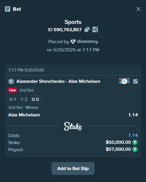 Bet slip: Alexander Shevchenko - Alex Michelsen, $50,000.00 stake at 1.14 odds, placed by diomancy