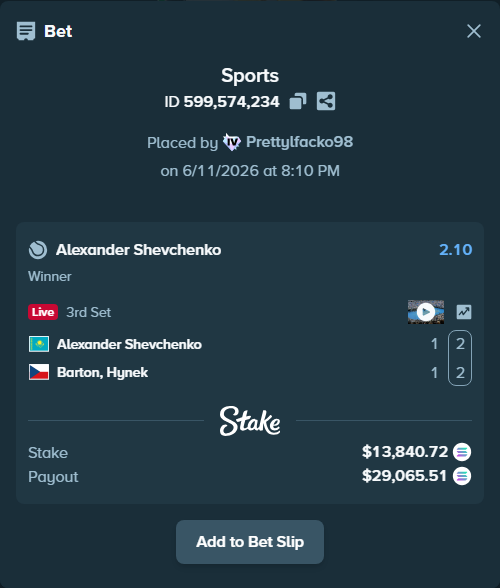 Bet slip: Alexander Shevchenko - Barton, Hynek, $15,525.20 stake at 2.10 odds, placed by Prettylfacko98