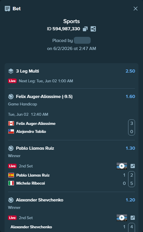 Bet slip: Alexander Shevchenko - Brancaccio, Raul, $20,000.00 stake at 1.20 odds, placed by mtlgmblr