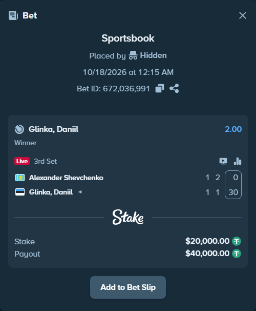 Bet slip: Alexander Shevchenko - Danill Glinka, $20,020.00 stake at 2.00 odds, placed by Hidden