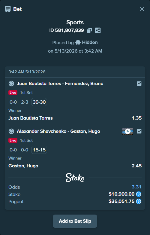Bet slip: Alexander Shevchenko - Gaston, Hugo, $10,900.00 stake at 2.45 odds, placed by Hidden
