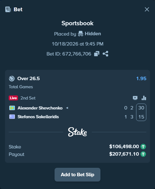 Bet slip: Alexander Shevchenko - Stefanos Sakellaridis, $106,604.50 stake at 1.95 odds, placed by Hidden