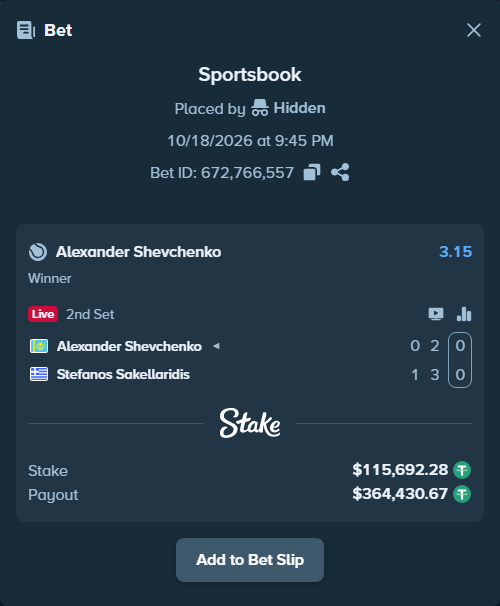 Bet slip: Alexander Shevchenko - Stefanos Sakellaridis, $115,807.97 stake at 3.15 odds, placed by Hidden