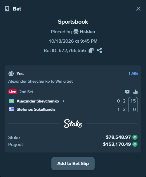 Bet slip: Alexander Shevchenko - Stefanos Sakellaridis, $78,627.52 stake at 1.95 odds, placed by Hidden