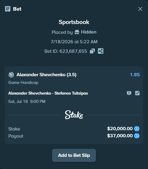 Bet slip: Alexander Shevchenko - Stefanos Tsitsipas, $20,000.00 stake at 1.85 odds, placed by Hidden