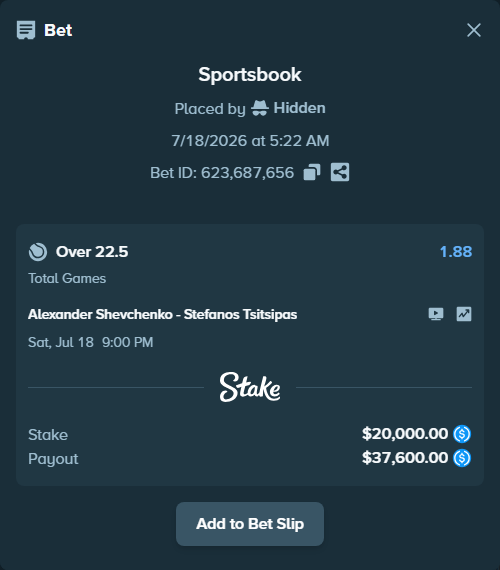 Bet slip: Alexander Shevchenko - Stefanos Tsitsipas, $20,000.00 stake at 1.88 odds, placed by Hidden