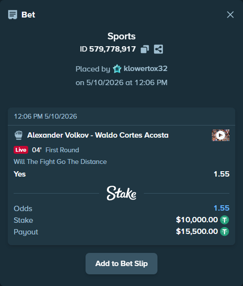 Bet slip: Alexander Volkov - Waldo Cortes Acosta, $10,000.00 stake at 1.55 odds, placed by klowertox32