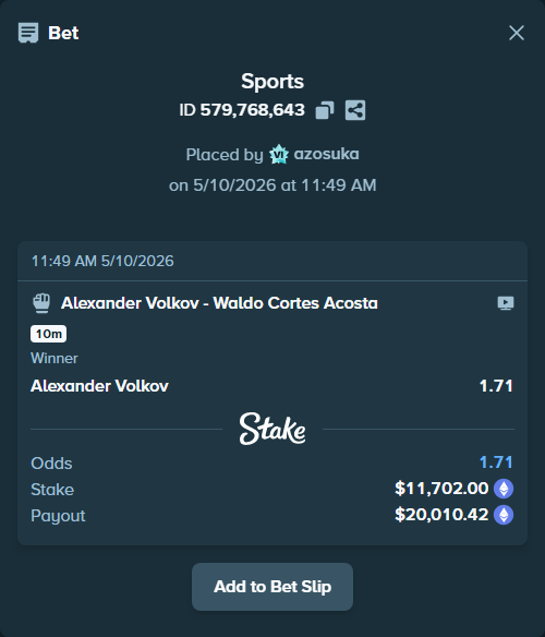 Bet slip: Alexander Volkov - Waldo Cortes Acosta, $8,738.68 stake at 1.71 odds, placed by azosuka