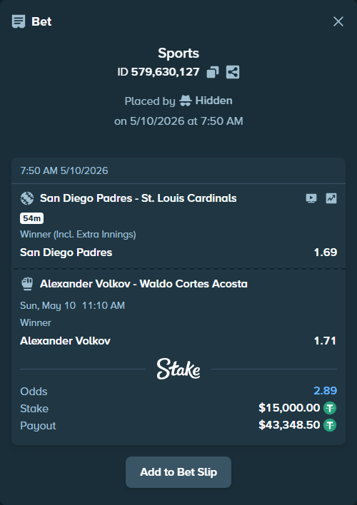 Bet slip: Alexander Volkov - Waldo Cortes Acosta, $15,000.00 stake at 1.71 odds, placed by Hidden