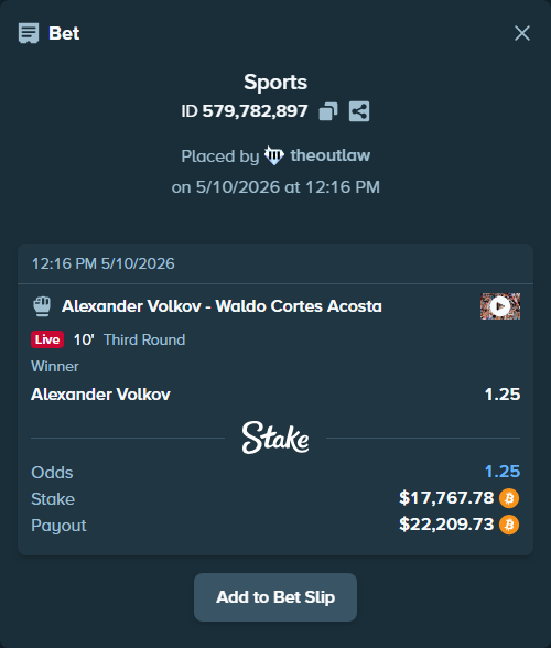 Bet slip: Alexander Volkov - Waldo Cortes Acosta, $14,124.80 stake at 1.25 odds, placed by theoutlaw