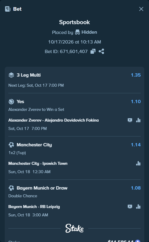 Bet slip: Alexander Zverev - Alejandro Davidovich Fokina, $10,718.40 stake at 1.10 odds, placed by Coco43pl