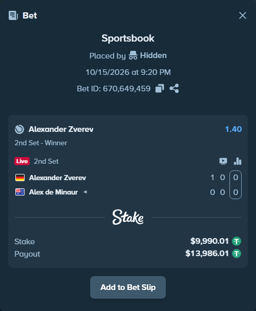 Bet slip: Alexander Zverev - Alex de Minaur, $10,000.00 stake at 1.40 odds, placed by Hidden