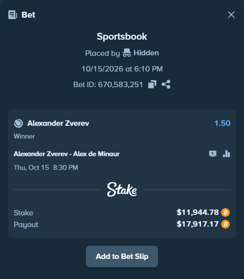 Bet slip: Alexander Zverev - Alex de Minaur, $12,116.31 stake at 1.50 odds, placed by Michel2601