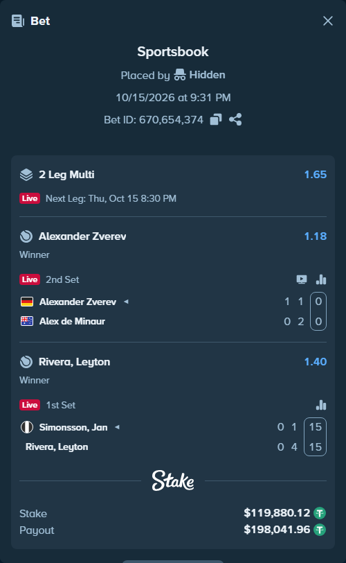 Bet slip: Alexander Zverev - Alex de Minaur, $120,000.00 stake at 1.18 odds, placed by Hidden