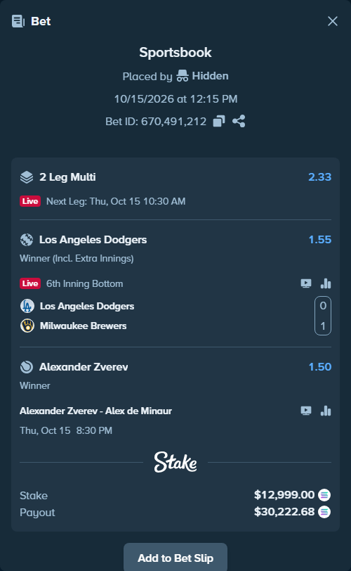 Bet slip: Alexander Zverev - Alex de Minaur, $12,806.73 stake at 1.50 odds, placed by Tylerplayslive