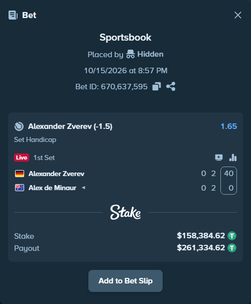Bet slip: Alexander Zverev - Alex de Minaur, $158,543.00 stake at 1.65 odds, placed by Hidden