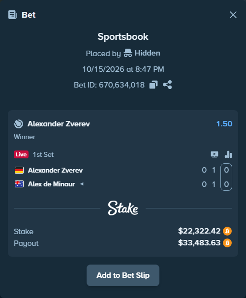 Bet slip: Alexander Zverev - Alex de Minaur, $22,686.50 stake at 1.50 odds, placed by Prettylfacko98