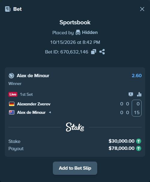 Bet slip: Alexander Zverev - Alex de Minaur, $30,030.00 stake at 2.60 odds, placed by haroldfinchh
