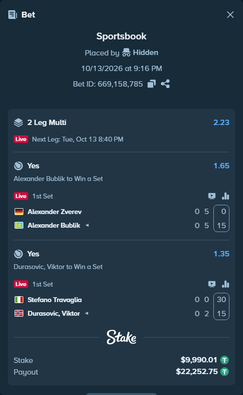 Bet slip: Alexander Zverev - Alexander Bublik, $10,000.00 stake at 1.65 odds, placed by Hidden