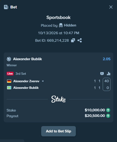 Bet slip: Alexander Zverev - Alexander Bublik, $10,010.00 stake at 2.05 odds, placed by Hidden