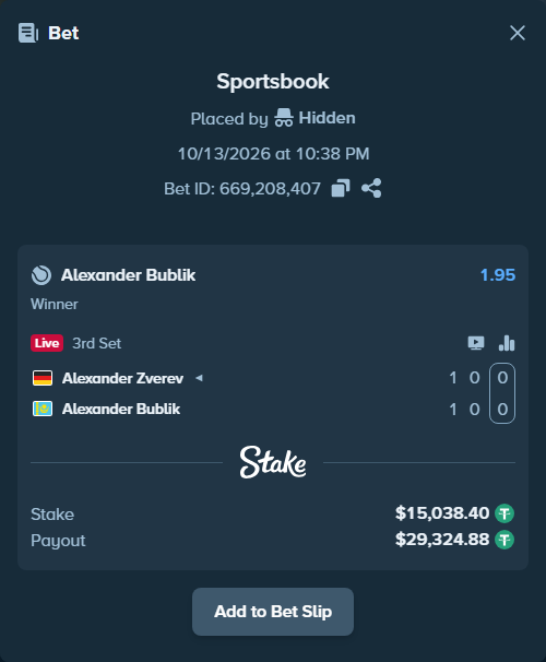 Bet slip: Alexander Zverev - Alexander Bublik, $15,053.44 stake at 1.95 odds, placed by Hidden