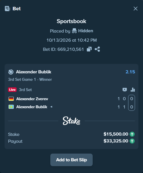 Bet slip: Alexander Zverev - Alexander Bublik, $15,515.50 stake at 2.15 odds, placed by Hidden