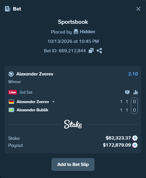 Bet slip: Alexander Zverev - Alexander Bublik, $82,759.30 stake at 2.10 odds, placed by Prettylfacko98