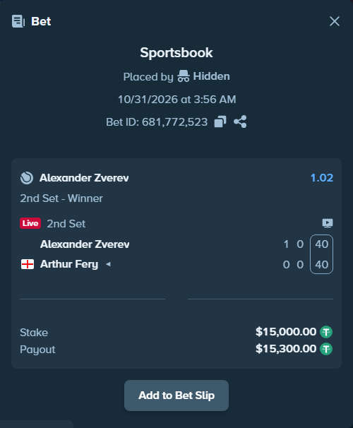 Bet slip: Alexander Zverev - Arthur Fery, $15,015.00 stake at 1.02 odds, placed by ScottyPistache