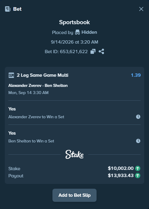 Bet slip: Alexander Zverev - Ben Shelton, $10,000.00 stake at 1.10 odds, placed by Hidden